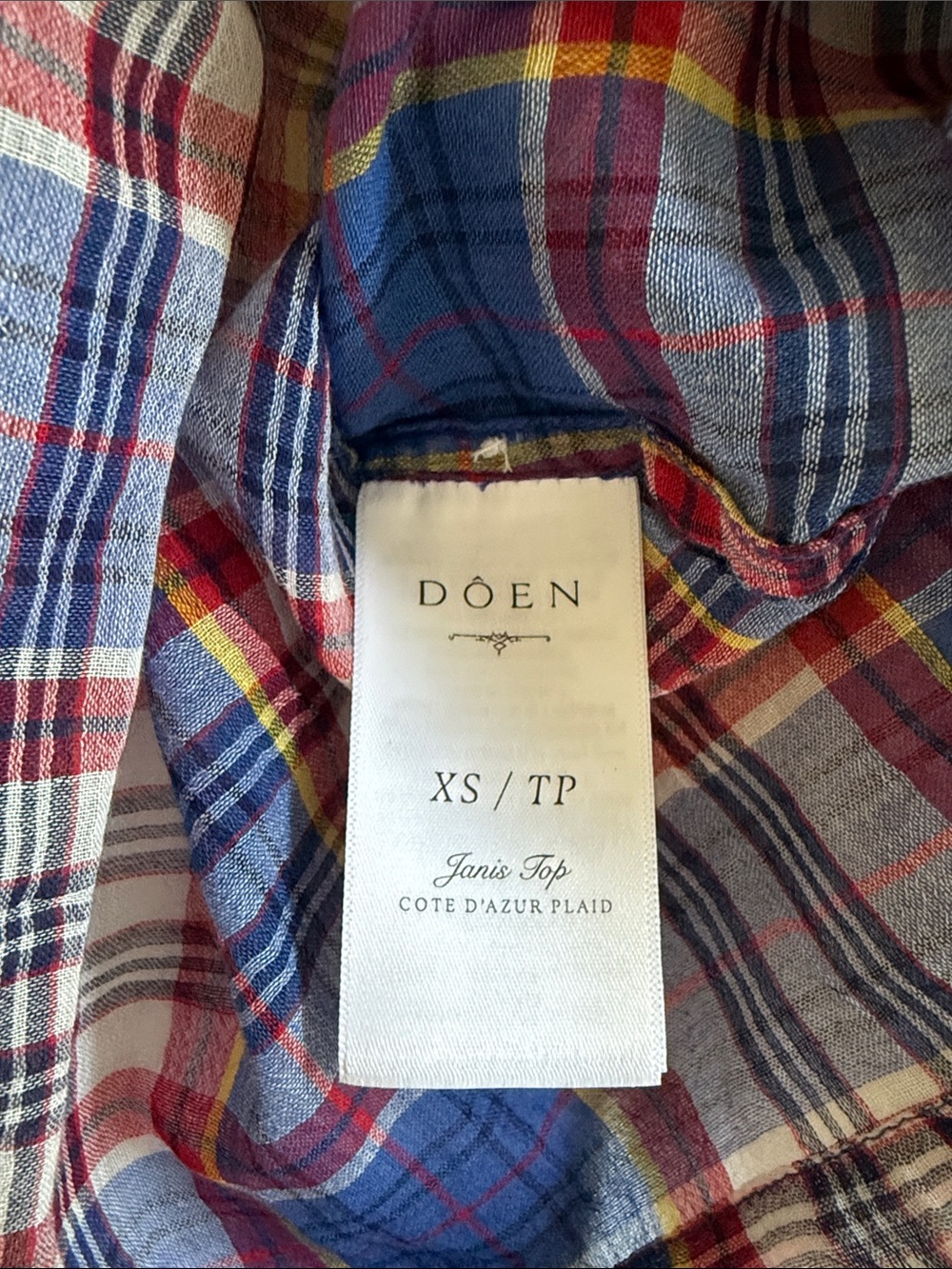 NWT Doen Janis Top size XS Core d’Azur Plaid Button Down - Picture 6 of 8